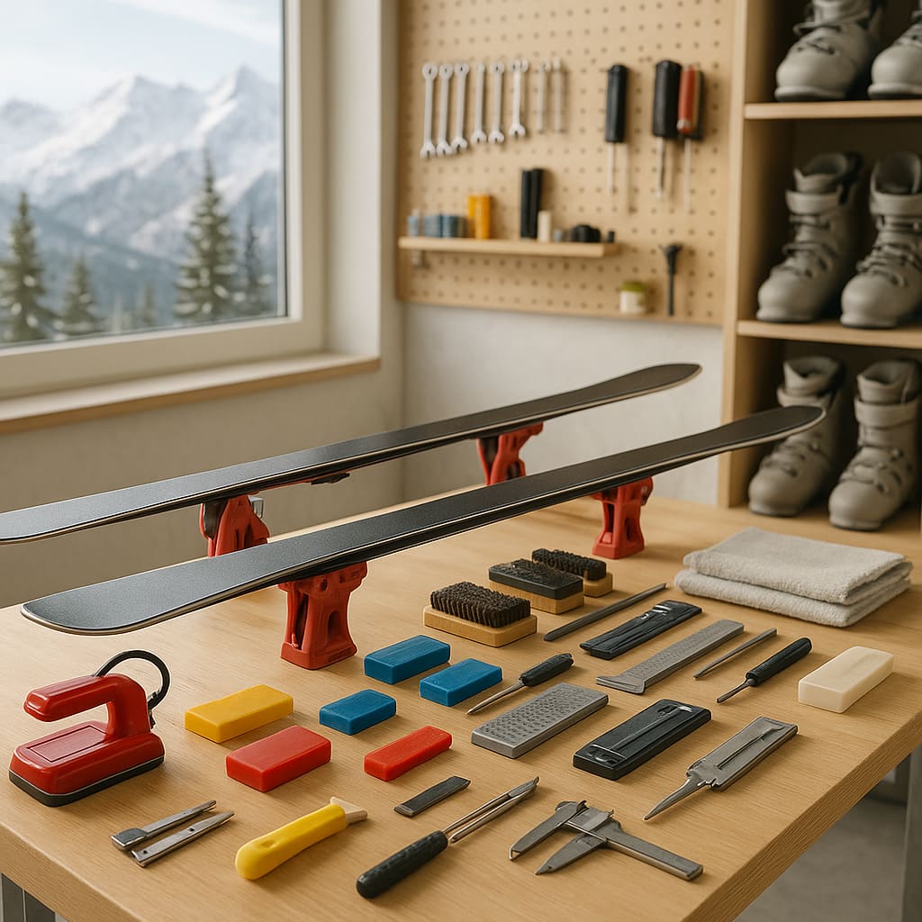 Ski Werkstatt mit Servicebank, Ski und Wartungswerkzeugen