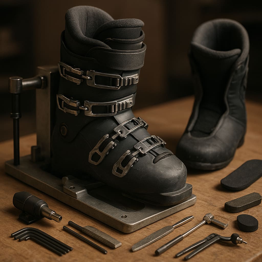 Skischuh-Fitting auf Werkbank mit Werkzeug
