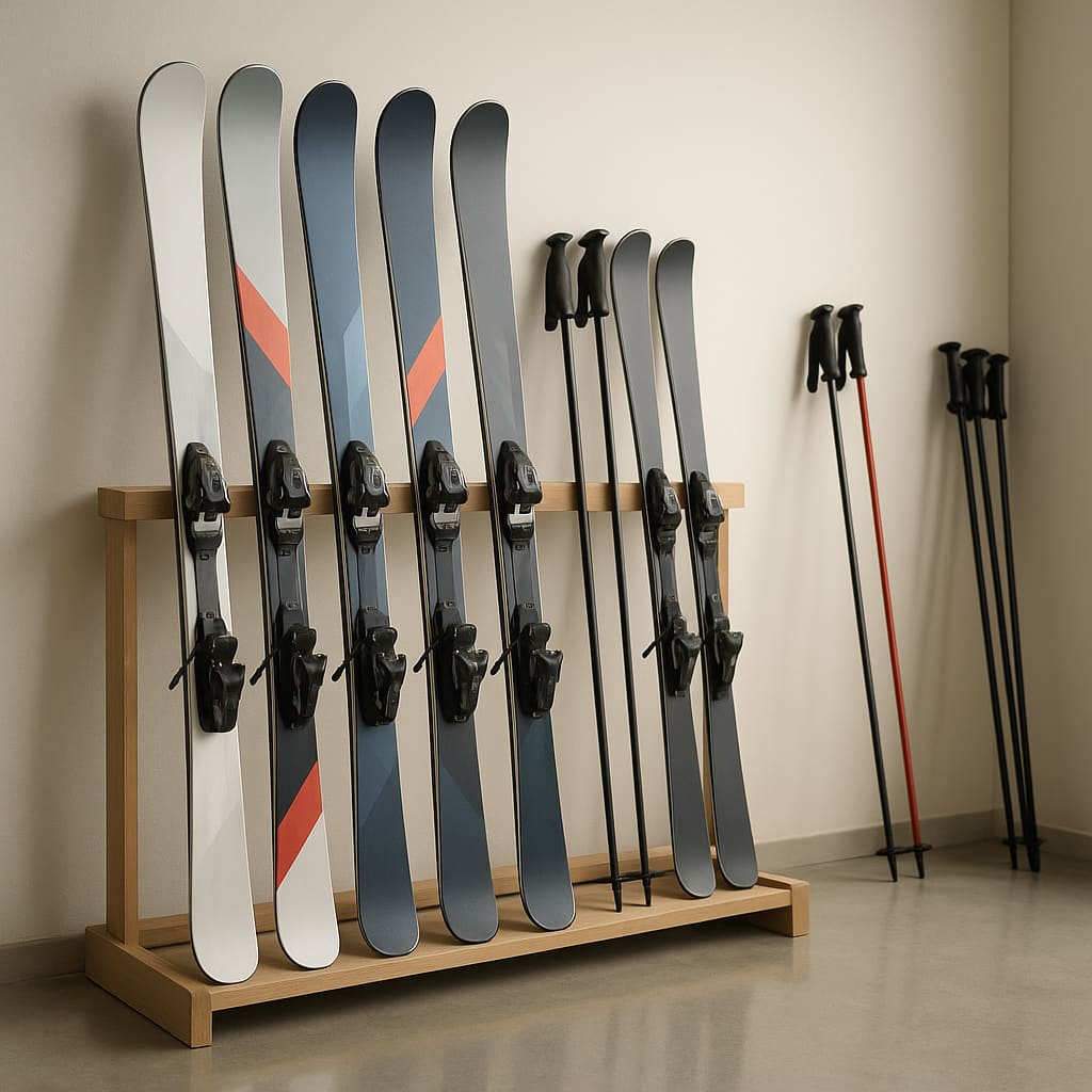 Alpine Ski und Stöcke im Verleihbereich